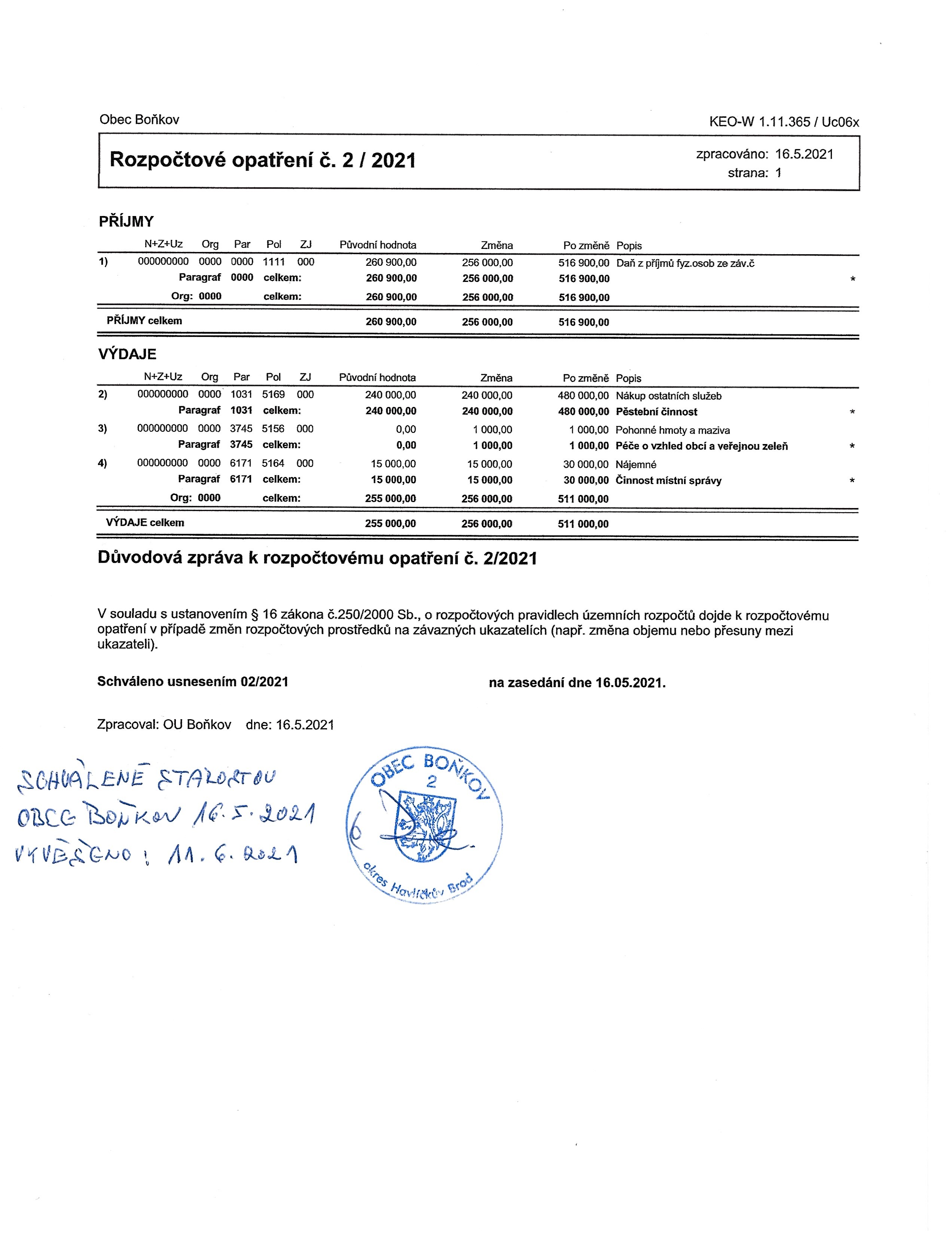 Rozpočtové opatření č.2/2021