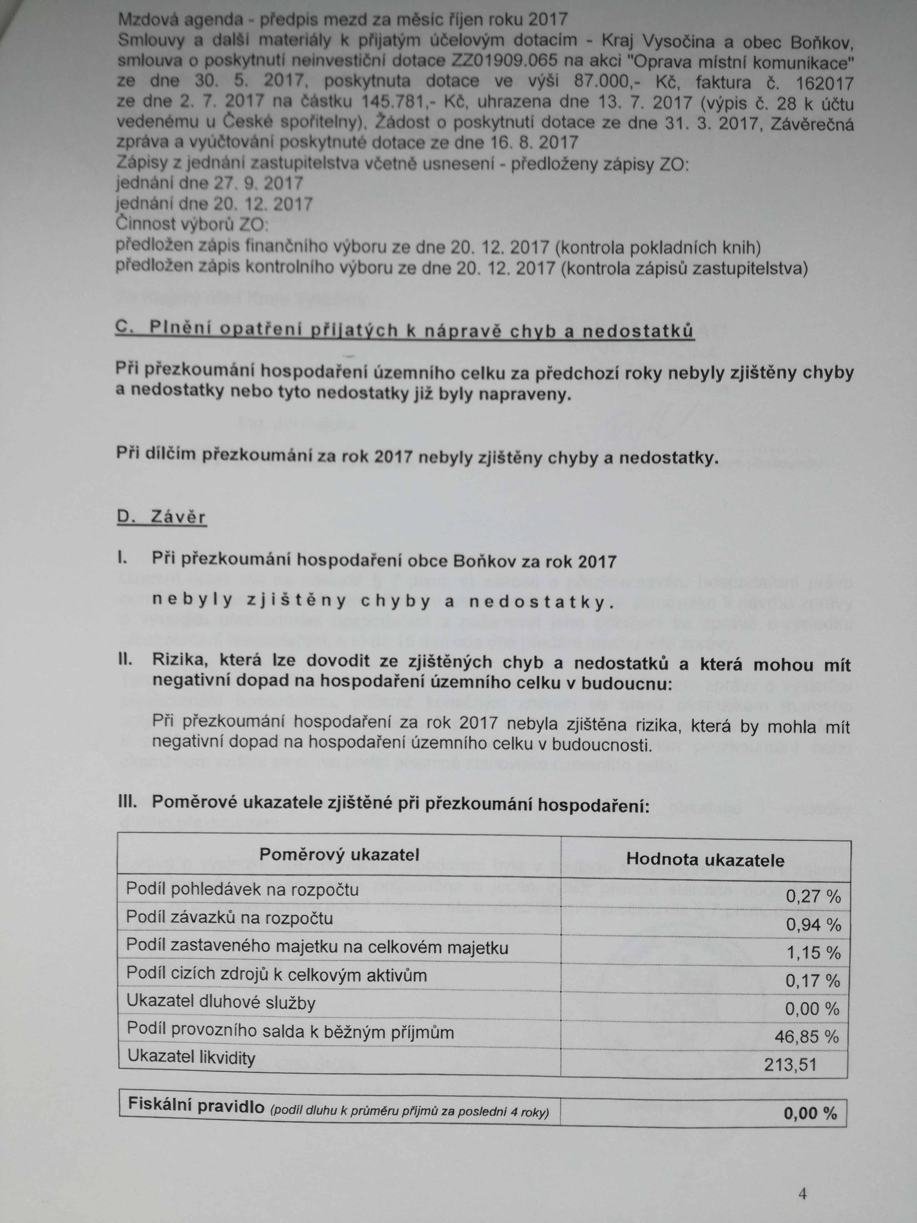 Přezkoumání hospodaření obce za rok 2017