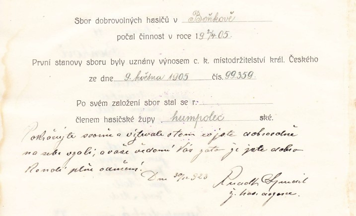 Historie SDH Boňkov zal. 1905