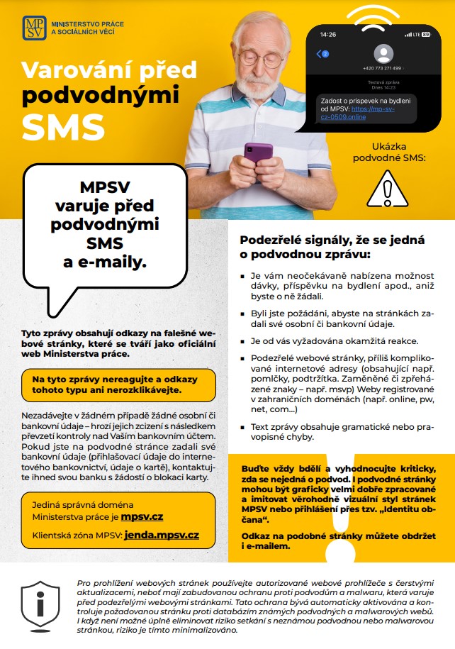 Varování Ministerstva práce a sociálních věcí - podvodné SMS a falešné domény