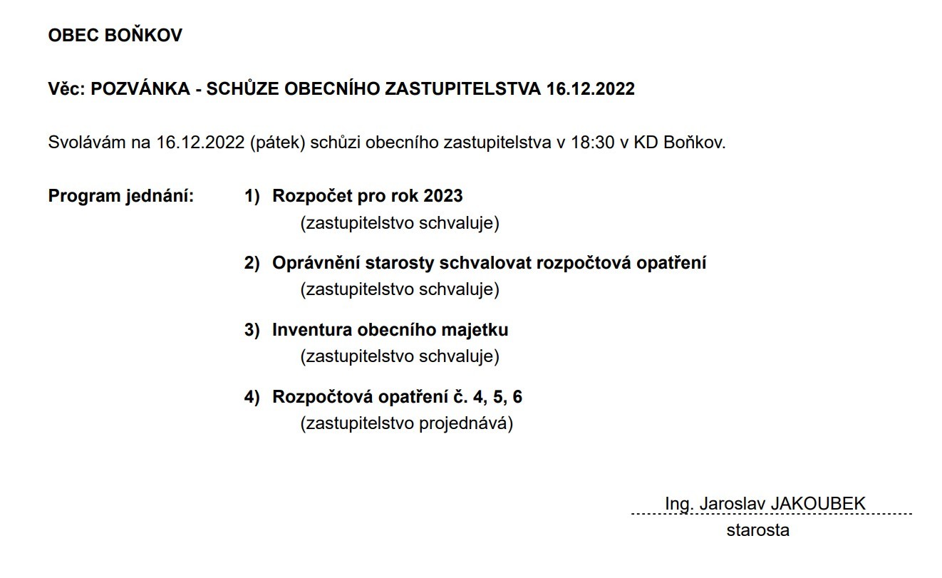 POZVÁNKA - Schůze obecního zastupitelstva 16.12.2022